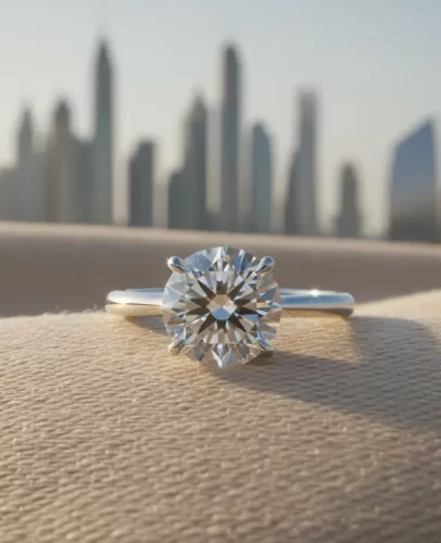1 carat diamond ring in UAE with Dubai skyline in background, luxury jewellery photo