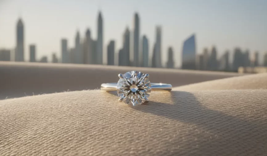 1 carat diamond ring in UAE with Dubai skyline in background, luxury jewellery photo