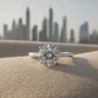 1 carat diamond ring in UAE with Dubai skyline in background, luxury jewellery photo