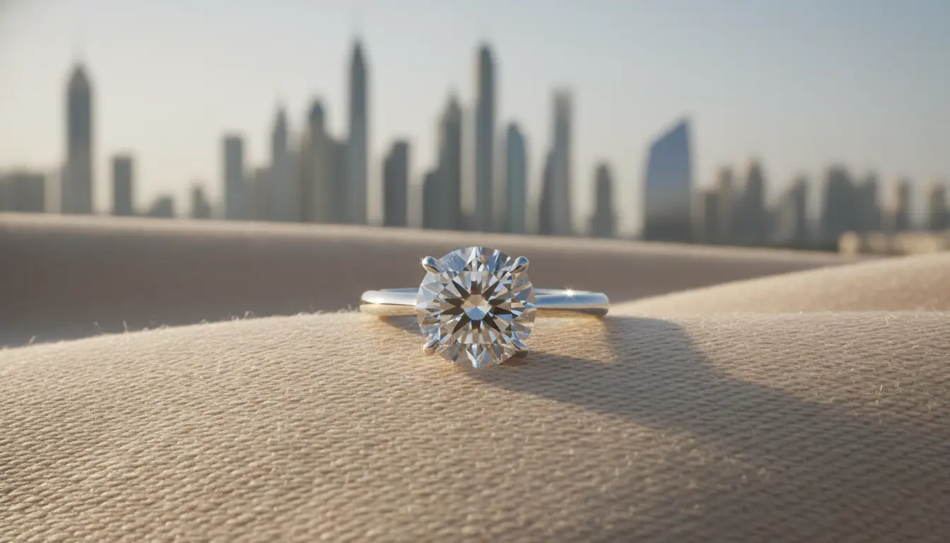 1 carat diamond ring in UAE with Dubai skyline in background, luxury jewellery photo