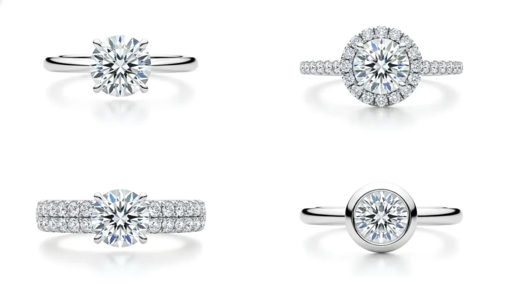 Different 1 carat diamond ring setting styles in UAE including solitaire, halo, pave and bezel