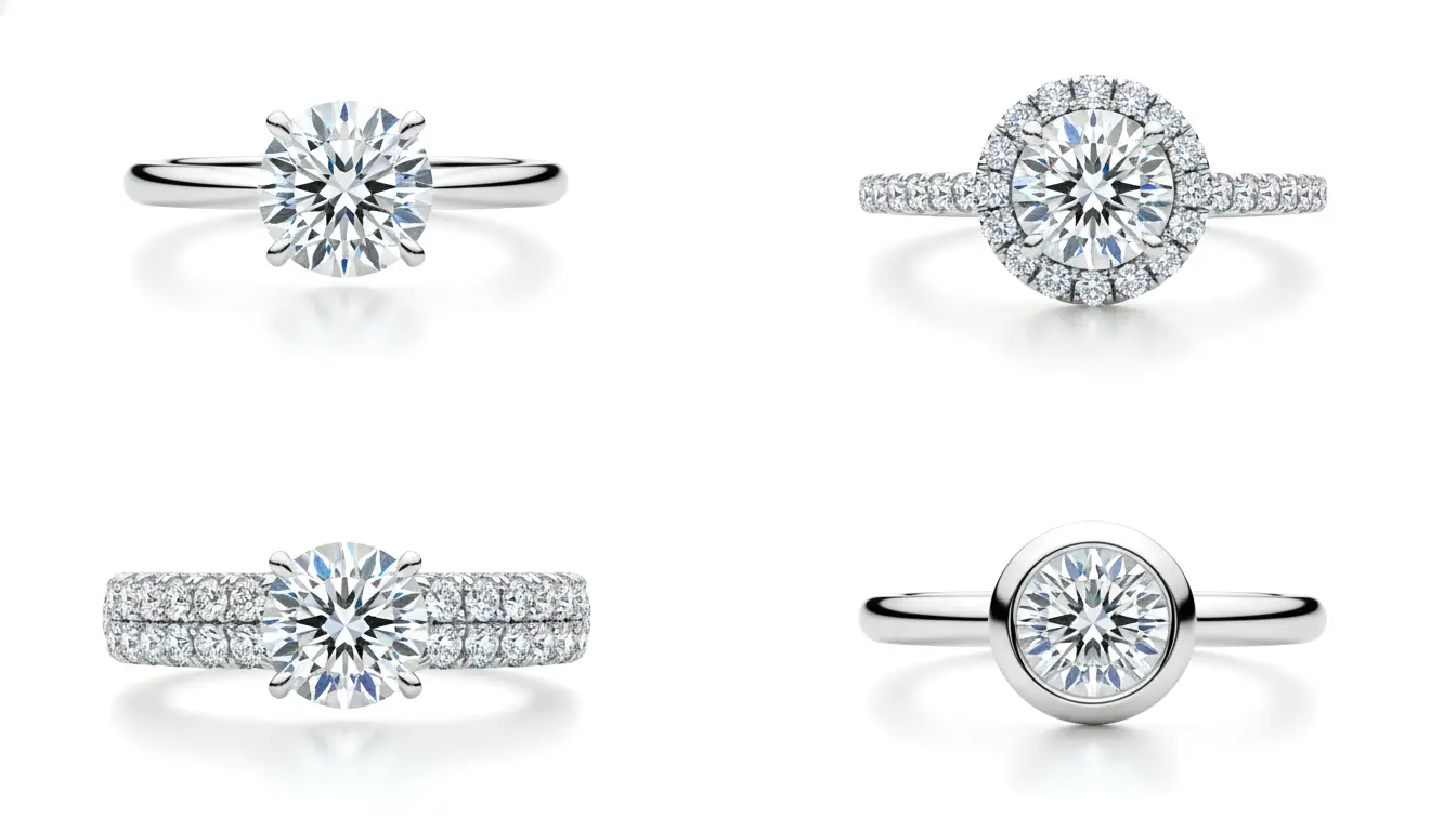 Different 1 carat diamond ring setting styles in UAE including solitaire, halo, pave and bezel