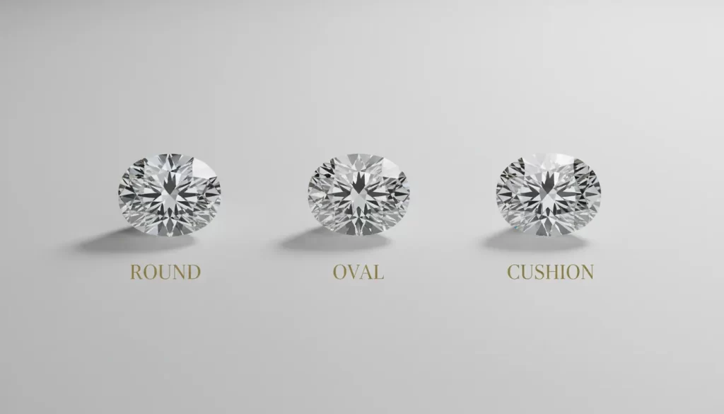 Round, oval and cushion cut 1 carat diamonds displayed for shape comparison in UAE guide