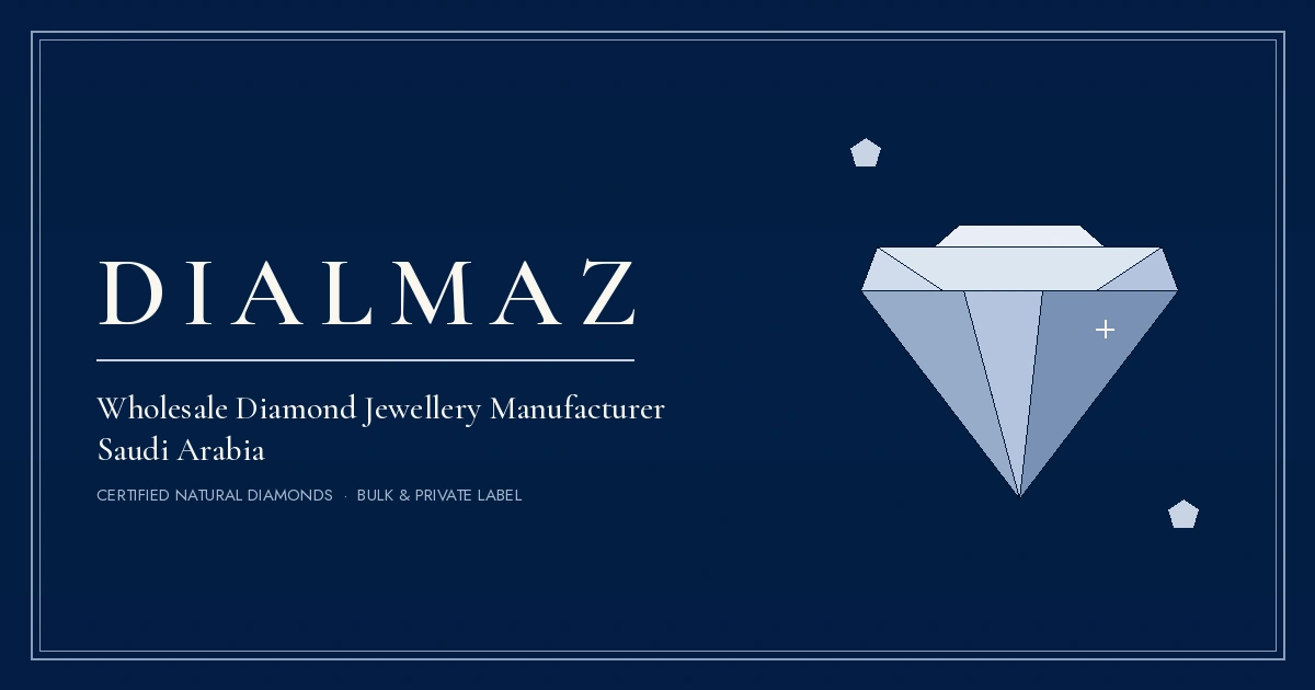 Dialmaz wholesale diamond jewellery manufacturer banner for Saudi Arabia, featuring the Dialmaz logo and a certified natural diamond illustration