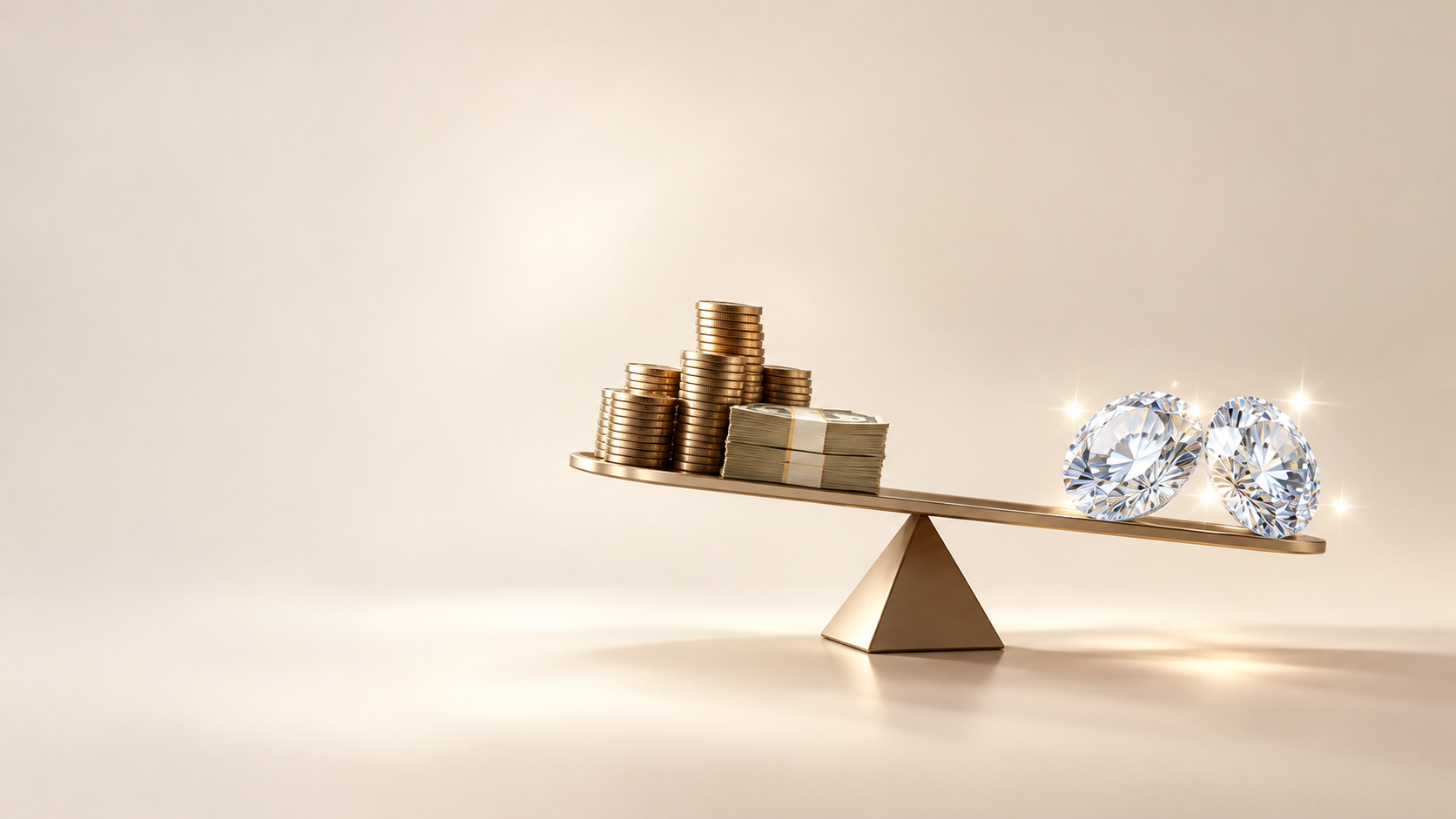 Balance scale with diamonds and money
